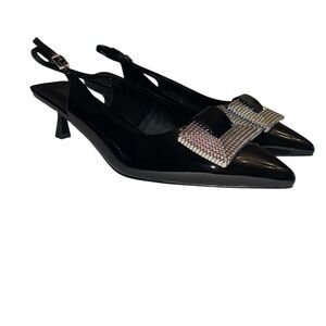 Odetina slingback heels kitten heel 1.5” heel patent look embellish Sz 8.5 NWOT